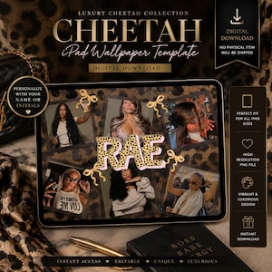 May include: A digital iPad wallpaper template featuring a cheetah print background with five photo frames, gold ribbon accents, and the name RAE in a cheetah print font. The design includes text overlays such as Luxury Cheetah Collection.