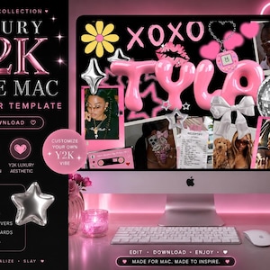 May include: A digital wallpaper template for Apple Mac featuring a Y2K aesthetic. The screen displays pink bubble letters spelling TYLA, a yellow flower, a disco ball, a digital pet, and various photos. The design includes text like LUXURY Y2K COLLECTION.