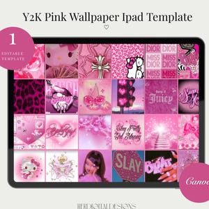 Könnte beinhalten: Eine pinkfarbene iPad-Vorlage im Y2K-Stil. Die Vorlage zeigt eine Collage aus pinkfarbenen Bildern, darunter Hello Kitty, Kirschen und das Wort "Juicy". Der Text "Y2K Pink Wallpaper Ipad Template" steht oben.