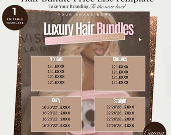 Plantilla de lista de precios de paquetes de cabello, folleto de venta de pelucas (editable en Canva)