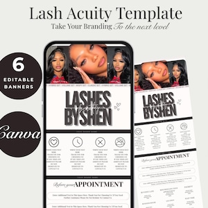 Puede incluir: Una plantilla de marketing digital para negocios de pestañas. El diseño presenta un teléfono inteligente que muestra una plantilla de cita de pestañas con el texto "Lashes By Shen". La plantilla incluye banners editables y la marca Canva.