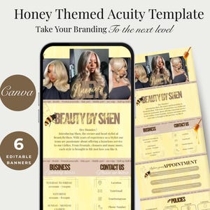 Könnte beinhalten: Eine digitale Vorlage mit Honig-Thema für das Branding, mit dem Text "Honey Themed Acuity Template" und "Beauty By Shen". Die Vorlage enthält editierbare Banner und ein Canva-Logo. Das Design beinhaltet Bilder von Frisuren und ein Bienenmotiv.