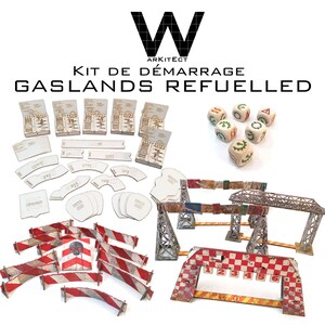 May include: A kit for the game Gaslands Refuelled, featuring various game pieces, including dice, barricades, and structures. The kit includes wooden templates and dice with green symbols. The text "ARKITECT" and "GASLANDS REFUELLED" are visible.