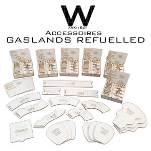 May include: A collection of laser-cut wooden accessories for a tabletop game, including various gauges, markers, and terrain pieces. The text "ARKITECT", "ACCESSOIRES", and "GASLANDS REFUELLED" are visible. The pieces are light brown and feature engraved details.