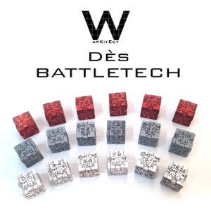 May include: A set of 12 dice for the game BattleTech. The dice are red, gray, and white and have different numbers and symbols on each side. The dice are used to determine the outcome of actions in the game.