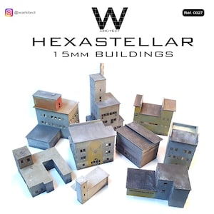 May include: A collection of miniature 15mm buildings, including factories and other structures. The buildings are painted in shades of gray, brown, and green. The text "HEXASTELLAR 15MM BUILDINGS" is displayed.
