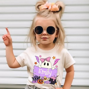 Personalized Girls Ghost Name Toddler Shirt , Custom Retro Halloween Natural Girls Tee, Cute Fall Girls Shirt Kids Halloween Costume Toddler