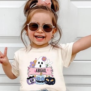 Personalized Girls Ghost Name Toddler Shirt , Custom Retro Halloween Natural Girls Tee, Cute Fall Girls Shirt Kids Halloween Outfit Toddler