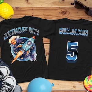 Personalized 5th Birthday Rocket Astronaut-Themed T-Shirts Custom Rocket Name Shirt for Boys Space Birthday Party Shirt  Outer Space   Tee