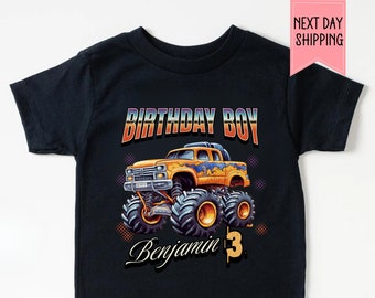 パーソナライズされたモンスタートラックの誕生日シャツ、カスタムモンスタートラックママとミニTシャツ、トラックボーイの誕生日パーティーシャツ、モンスタートラックギフト