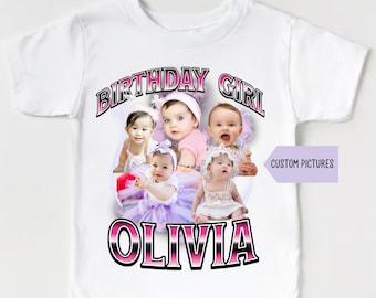 May include: White t-shirt with a pink and purple design that says "Birthday Girl" and "Olivia". The design includes a collage of four photos of babies.