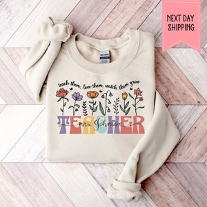 Gepersonaliseerde lerarensweater: aangepaste naam ronde hals, bloemdessin