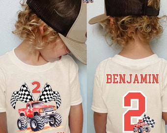 Camiseta personalizada con nombre de Monster Truck para cumpleaños familiar. Camiseta personalizada para niños con nombre de Monster Truck. Regalo para amantes de los Monster Trucks. Regalo para niños pequeños.
