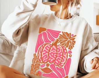 Herfstsweater met luipaardpompoen: retro spookachtig seizoen met ronde hals