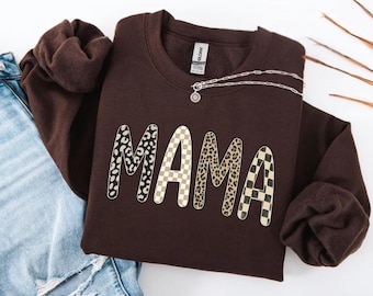 Leopard Mama Sweatshirt, Checkered Mama Crewneck New Mom Gift Mom Sweatshirt Gift For Mom Mothers Day Gift Baby Announcement Sweater  Mama