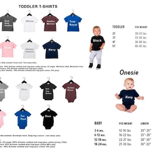 May include: A chart showing different color toddler t-shirts and onesies. The chart includes size, weight, and length information for each size. The colors include pink, white, dark grey heather, heather maroon, true royal, navy, and black.