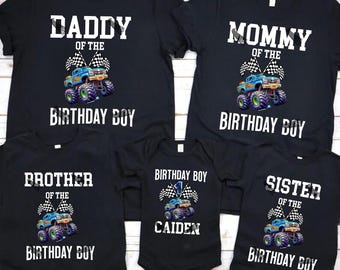 Camiseta de cumpleaños de Monster Truck, camisetas familiares personalizadas de Monster Truck, camiseta personalizada de Monster Truck para niños pequeños, camiseta de cumpleaños de camión para niños pequeños