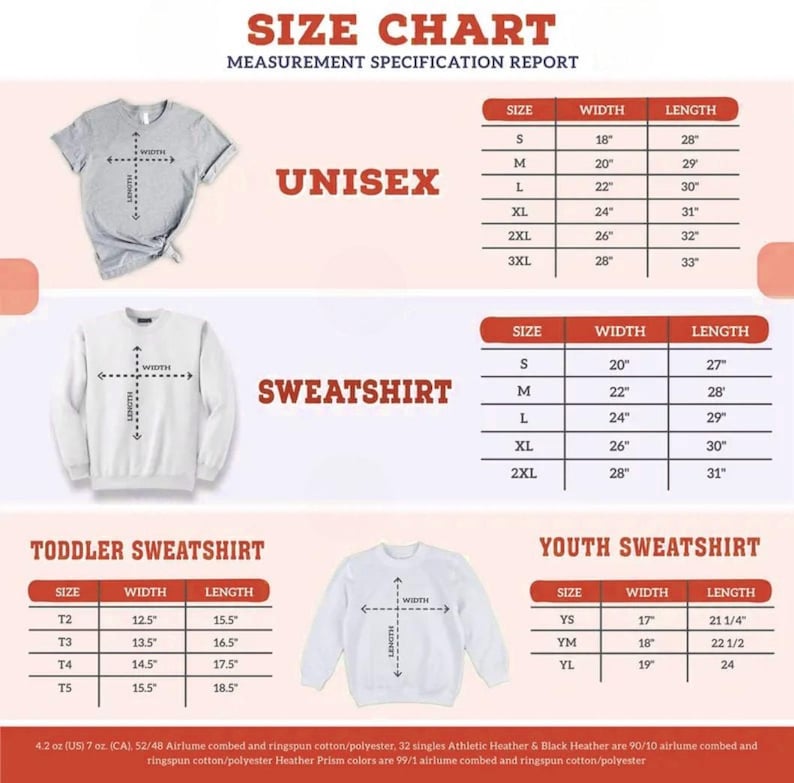 May include: Size chart for unisex, sweatshirt, toddler sweatshirt, and youth sweatshirt styles. The chart shows width and length measurements in inches for each size.