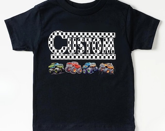Custom Name Checkered Text Monster Truck Shirt, Family Matching Shirts Pit Crew Shirt, Personalized Monster Truck Birthday Party Shirt Gift