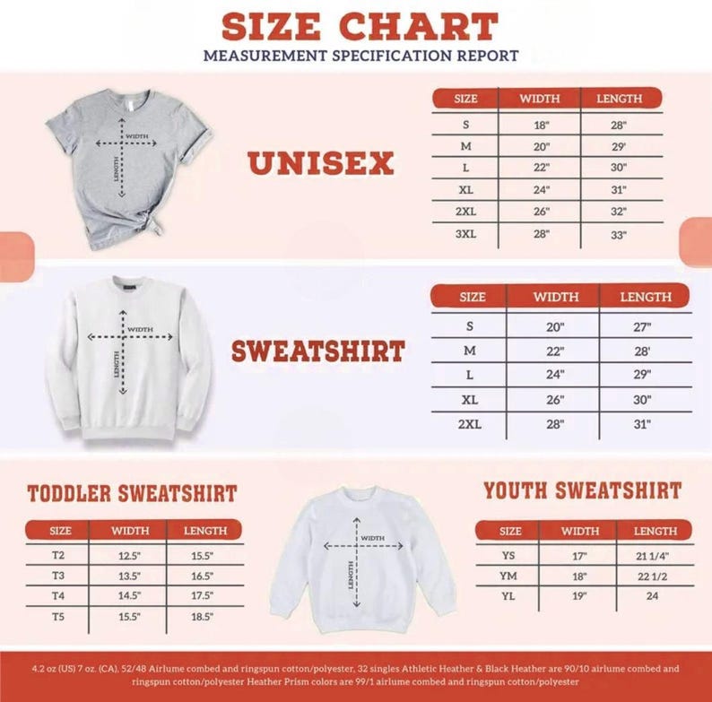 May include: Size chart for unisex, sweatshirt, toddler sweatshirt, and youth sweatshirt styles. The chart shows width and length measurements in inches for each size.