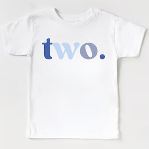 May include: White toddler t-shirt with the word "two" printed in shades of blue. The word is centered on the front of the shirt, with the letter "t" in a dark blue, "wo" in light blue, and a dark blue period.