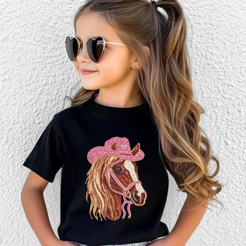 May include: Black t-shirt featuring a detailed illustration of a horse's head wearing a pink cowboy hat. The horse has a brown and white face with a pink bridle. The hat is adorned with sparkling embellishments. The shirt is a classic crew neck.