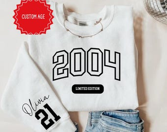 Sudadera personalizada de 21 cumpleaños, camiseta de cumpleaños de edición limitada de 2004, regalo de 21 cumpleaños de estilo universitario, regalo de 21 cumpleaños para ella, camiseta 21
