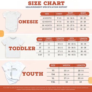 May include: Size chart for onesies, toddler shirts, and youth shirts. The chart shows chest, length, and weight measurements in inches and pounds. The chart also includes the text "ONESIE", "TODDLER", and "YOUTH".