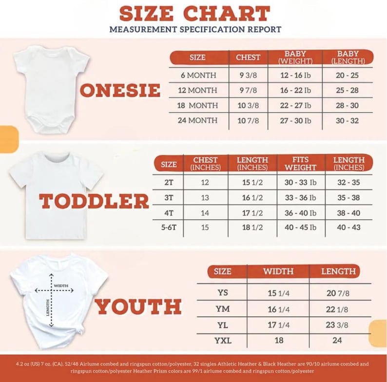May include: Size chart for onesies, toddler shirts, and youth shirts. The chart shows chest, length, and weight measurements in inches and pounds. The chart also includes the text "ONESIE", "TODDLER", and "YOUTH".