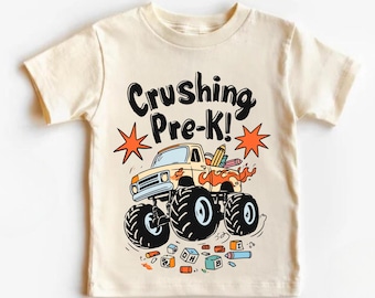 Boys Pre-K Shirt, Preschool Shirt Boys Retro Back To School Toddler Shirt , Crushing PreK Monster Truck First Day Of School Shirt Toddler