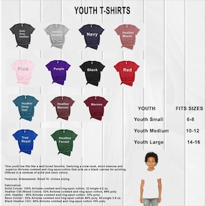 May include: A chart showing youth t-shirt colors and sizes. The chart shows 12 different t-shirt colors, including dark grey heather, athletic heather, navy, heather mauve, pink, purple, black, red, heather deep teal, heather maroon, maroon, true royal, and heather forest. The chart also shows the corresponding youth sizes for each color: youth small (6-8), youth medium (10-12), and youth large (14-16).