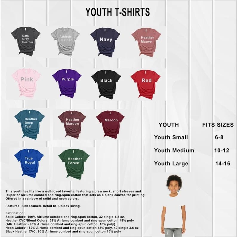 May include: A chart showing youth t-shirt colors and sizes. The chart shows 12 different t-shirt colors, including dark grey heather, athletic heather, navy, heather mauve, pink, purple, black, red, heather deep teal, heather maroon, maroon, true royal, and heather forest. The chart also shows the corresponding youth sizes for each color: youth small (6-8), youth medium (10-12), and youth large (14-16).