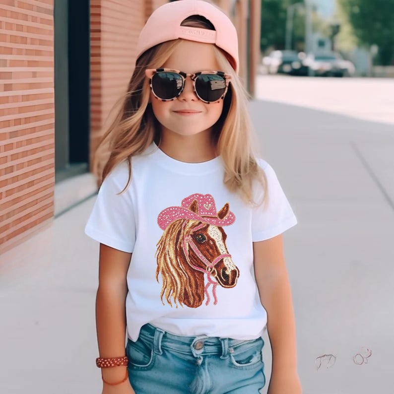 May include: A white t-shirt featuring a detailed illustration of a horse wearing a pink cowboy hat. The horse has a brown and tan mane and a pink bridle. The hat is embellished with a pattern.