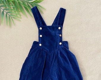 1970s vintage blue velvet, sleeveless, full length bubble overalls with gold button accents and pockets, by "Elvira Vali", childrens size 3x