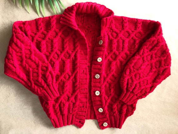 Red button-up hand knit sweater (approximately ki… - image 1
