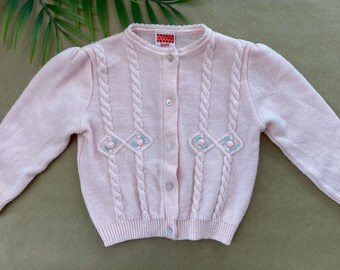 Vintage 1990s soft pink long-sleeve button-up knit cardigan with pretty flower embellishments (size 3T)