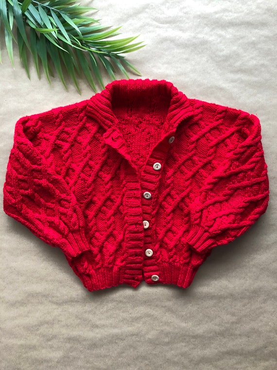 Red button-up hand knit sweater (approximately ki… - image 3