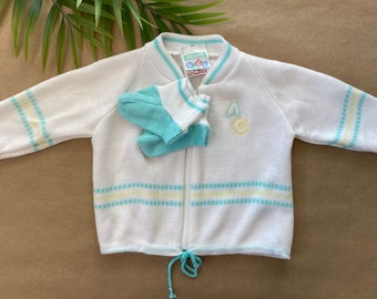 Vintage 1980s Sears Baby deadstock zip-up sweater with matching booties, made in Canada, approximately 6-12 months