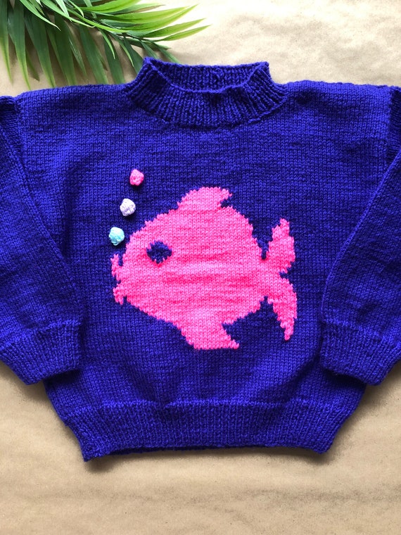 Vintage purple hand knit pullover with pink fish … - image 2
