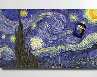 Van Gogh Starry Night Inspired, Whovians Fandom Gift, TV Series ,Ready to Hang, Doctor Who TARDIS Canvas Wall Art / Poster Home Decor Art