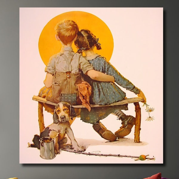 Norman Rockwell, Leinwanddruck, berühmter Maler, Vintage Drucke, Junge und Mädchen, die den Mond betrachten, Vintage Dekoration, Valentinstag Kunst, Hundeliebe