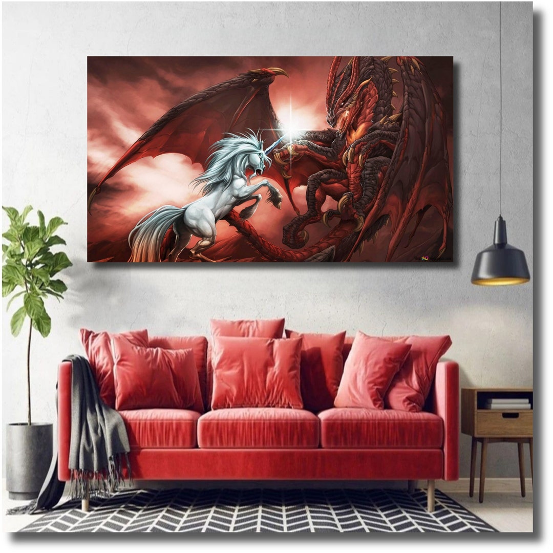 Cosmic Dragon and Unicorn Canvas Fantasy Art Dragon Art Etsy