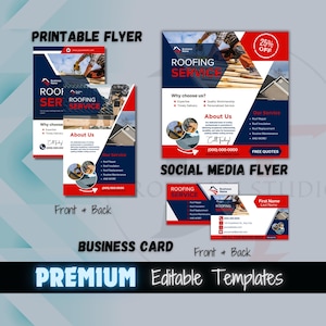 Zakelijke dakdekkersflyer Bundelsjablonen Socialmedia-flyer Dakreparatieservice sjabloon visitekaartje Afdrukbaar dakdekkersbedrijf