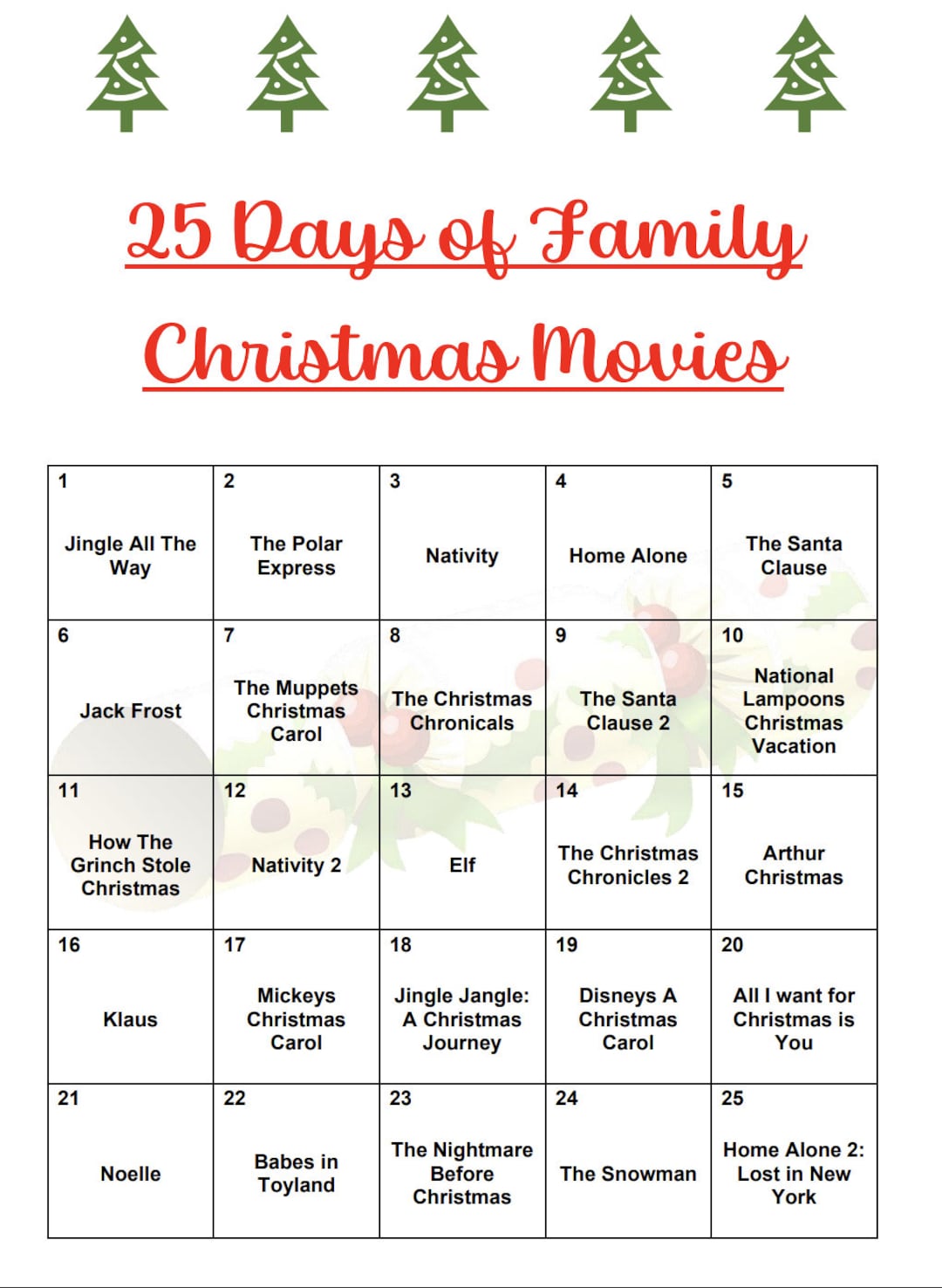 25 Days of Christmas Family Movies Advent Printable Film List Etsy