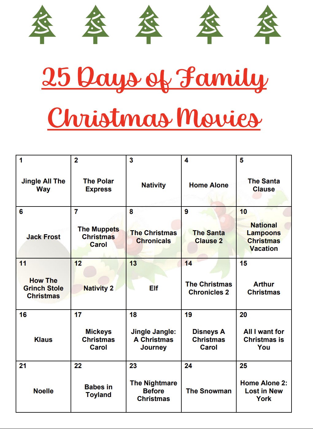 25 days of christmas family movies advent printable film list etsy