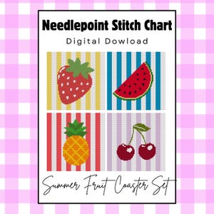 Juego de patrones de posavasos bordados con frutas de verano: fresa, sandía, cereza y piña (descarga en PDF).