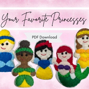 Op de afbeelding: Een PDF-downloadpatroon voor vingerpoppen van vilt van vijf Disney-prinsessen: Assepoester, Tiana, Sneeuwwitje, Ariel en Belle. De prinsessen dragen hun kenmerkende jurken en glimlachen.