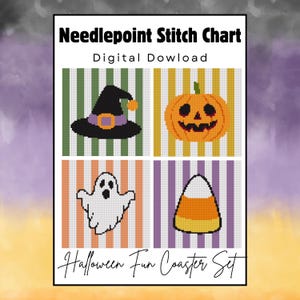 May include: A digital needlepoint stitch chart titled Needlepoint Stitch Chart Digital Dowload and Halloween Fun Coaster Set. It features four pixelated Halloween designs: a black witch hat, an orange pumpkin, a white ghost, and candy corn.
