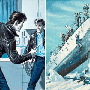 Op de afbeelding: Een tweedelige illustratie met een dramatische sc&egrave;ne. E&eacute;n paneel toont twee mannen in een keuken, waarvan &eacute;&eacute;n een mes vasthoudt. Het andere toont een schip, 'Nautilus', dat in ijzig water helt, met mensen die aan boord klimmen.
