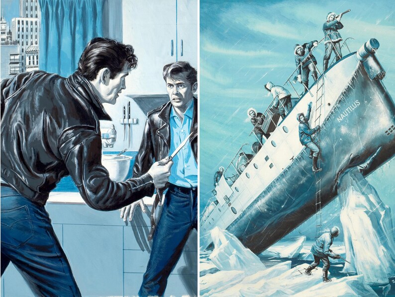 Op de afbeelding: Een tweedelige illustratie met een dramatische sc&egrave;ne. E&eacute;n paneel toont twee mannen in een keuken, waarvan &eacute;&eacute;n een mes vasthoudt. Het andere toont een schip, 'Nautilus', dat in ijzig water helt, met mensen die aan boord klimmen.